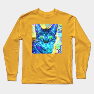 Blue Kitty Cat Batik Design Long Sleeve T-Shirt